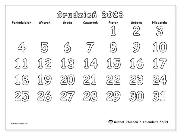 Kalendarz grudzień 2023 “56”. Darmowy program do druku.. Od poniedziałku do niedzieli