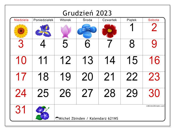 Kalendarz grudzień 2023 “621”. Darmowy plan do druku.. Od niedzieli do soboty