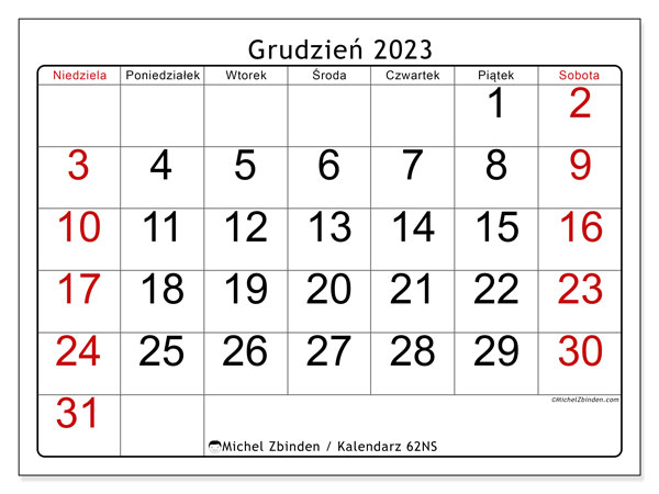 Kalendarz grudzień 2023 “62”. Darmowy terminarz do druku.. Od niedzieli do soboty