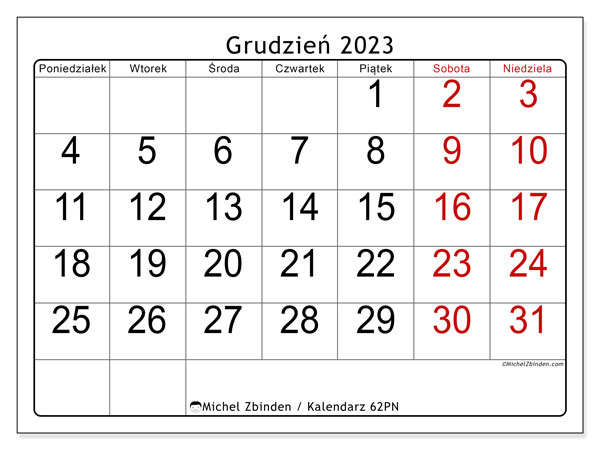 Kalendarz grudzień 2023 “62”. Darmowy terminarz do druku.. Od poniedziałku do niedzieli