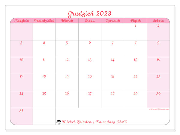 Kalendarz grudzień 2023 “63”. Darmowy program do druku.. Od niedzieli do soboty