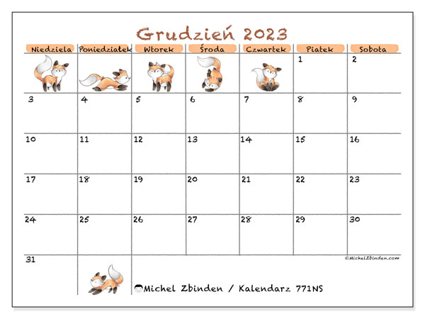 Kalendarz grudzień 2023 “771”. Darmowy kalendarz do druku.. Od niedzieli do soboty