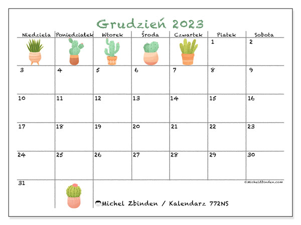 Kalendarz grudzień 2023 “772”. Darmowy dziennik do druku.. Od niedzieli do soboty