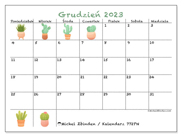 Kalendarz grudzień 2023 “772”. Darmowy dziennik do druku.. Od poniedziałku do niedzieli