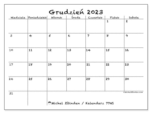 Kalendarz grudzień 2023 “77”. Darmowy program do druku.. Od niedzieli do soboty