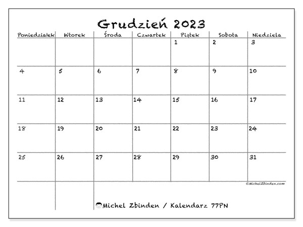 Kalendarz grudzień 2023 “77”. Darmowy program do druku.. Od poniedziałku do niedzieli