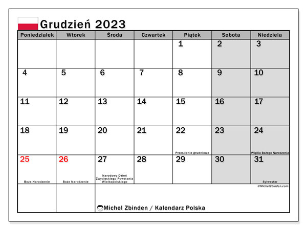 Calendrier décembre 2023, Pologne (PL), prêt à imprimer et gratuit.