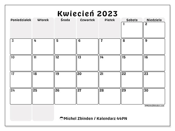 Kalendarz do druku, kwiecień 2023, 44PN