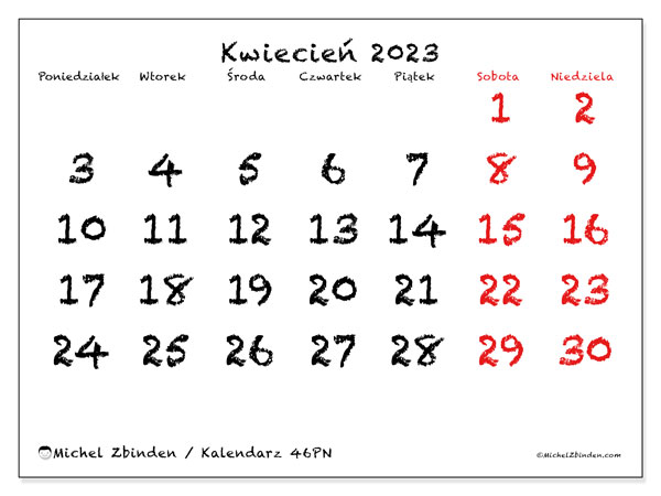 Kalendarz do druku, kwiecień 2023, 46PN