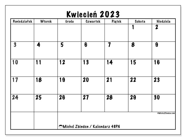 Kalendarz do druku, kwiecień 2023, 48PN