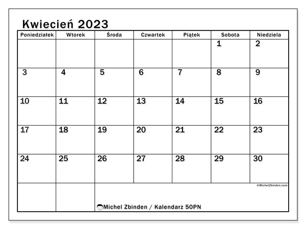 Kalendarz do druku, kwiecień 2023, 50PN