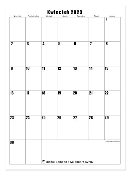 Kalendarz do druku, kwiecień 2023, 52NS