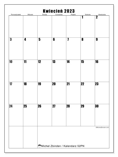 Kalendarz do druku, kwiecień 2023, 52PN