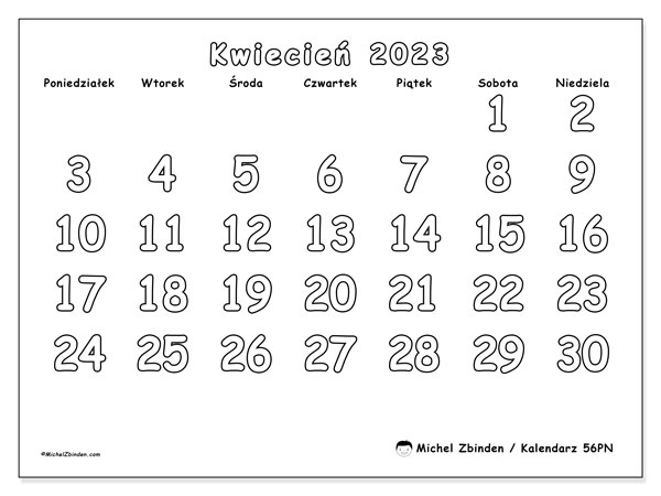 Kalendarz do druku, kwiecień 2023, 56PN