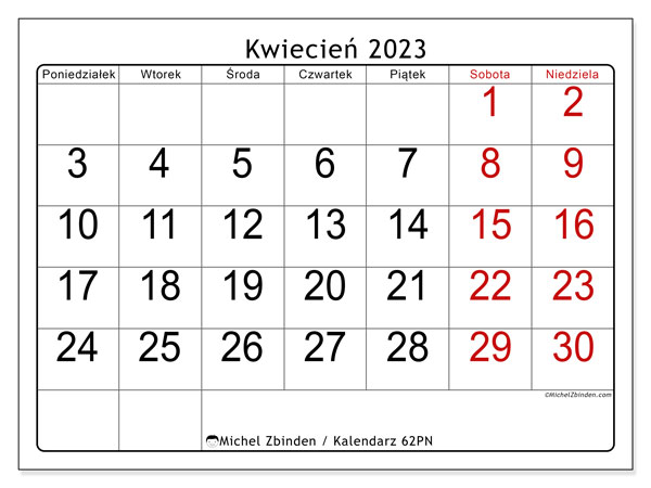 Kalendarz do druku, kwiecień 2023, 62PN