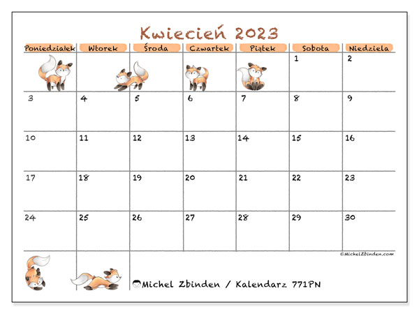 Kalendarz kwiecień 2023 do druku. Kalendarz miesięczny “771PN” i bezpłatny plan lekcji do wydrukowania