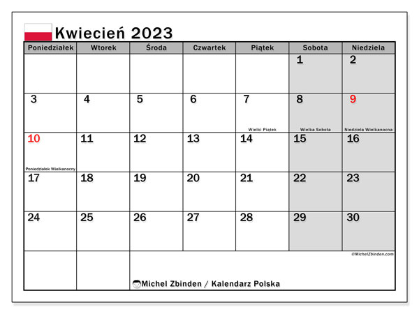 Calendrier avril 2023, Pologne (PL), prêt à imprimer et gratuit.