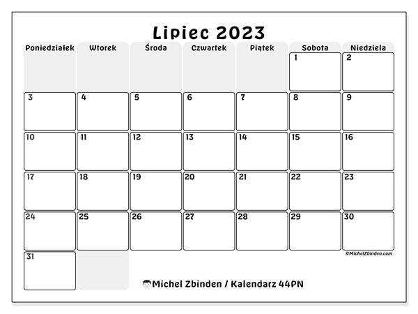Kalendarz lipiec 2023, 44PN. Darmowy kalendarz do druku.