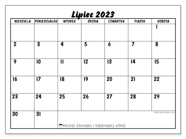Kalendarz lipiec 2023 “45”. Darmowy terminarz do druku.. Od niedzieli do soboty