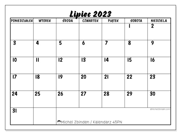 Kalendarz lipiec 2023 “45”. Darmowy terminarz do druku.. Od poniedziałku do niedzieli