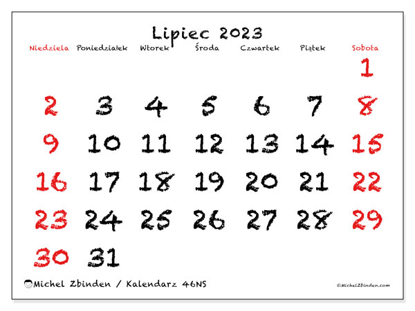 Kalendarz lipiec 2023, 46NS. Darmowy kalendarz do druku.