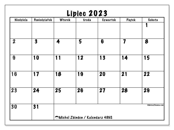 Kalendarz lipiec 2023, 48NS. Darmowy kalendarz do druku.
