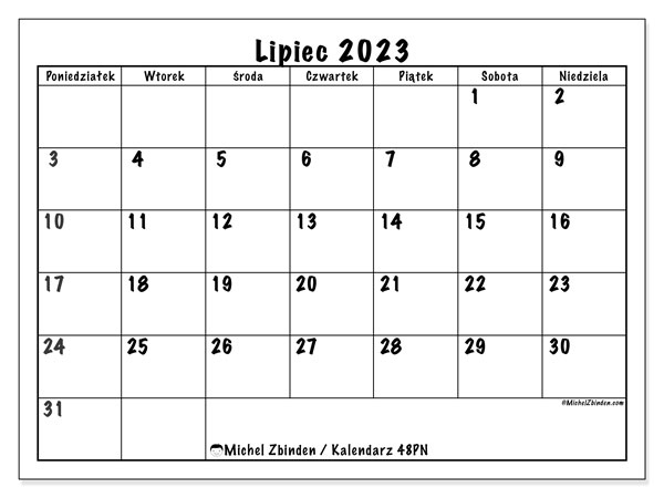 Kalendarz lipiec 2023, 48PN. Darmowy kalendarz do druku.