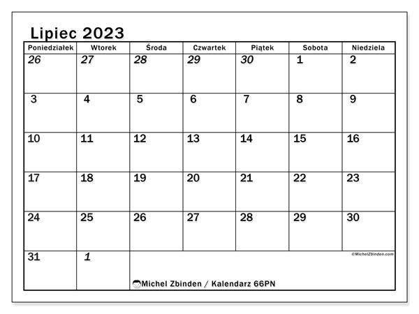 Kalendarz lipiec 2023, 501PN. Darmowy kalendarz do druku.