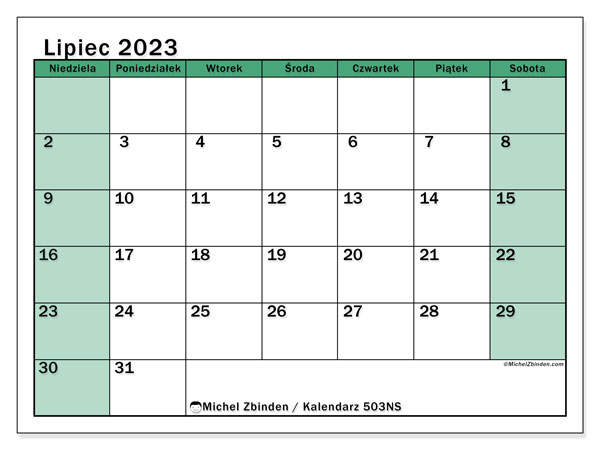 Kalendarz lipiec 2023, 503NS. Darmowy plan do druku.