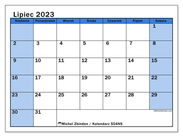 Kalendarz lipiec 2023, 504NS. Darmowy plan do druku.