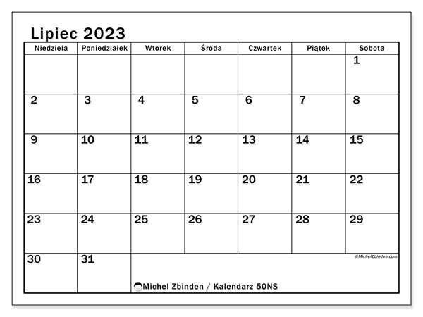 Kalendarz lipiec 2023, 50NS. Darmowy plan do druku.