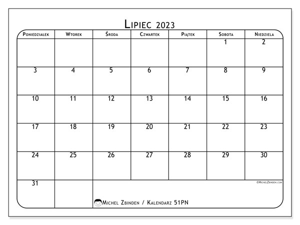 Kalendarz lipiec 2023, 51PN. Darmowy kalendarz do druku.