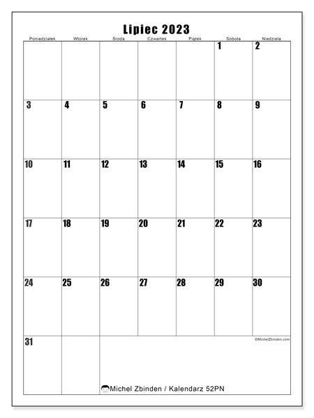 Kalendarz lipiec 2023, 52PN. Darmowy kalendarz do druku.