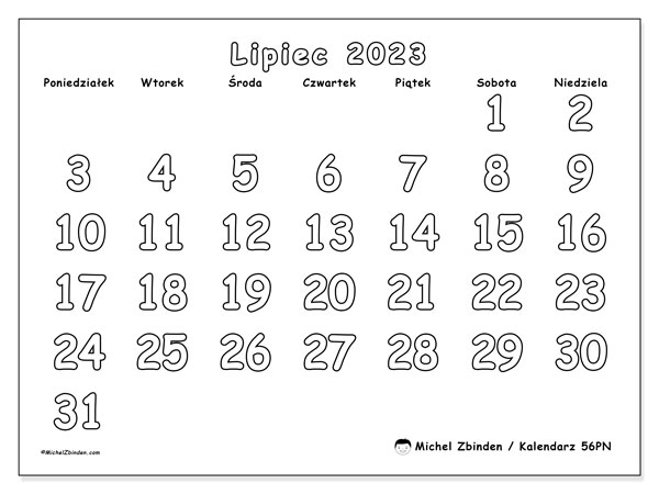 Kalendarz do druku, lipiec 2023, 56PN