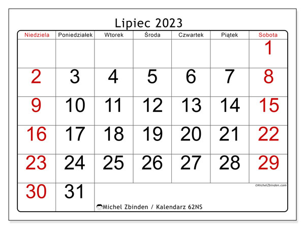Kalendarz lipiec 2023, 62NS. Darmowy kalendarz do druku.