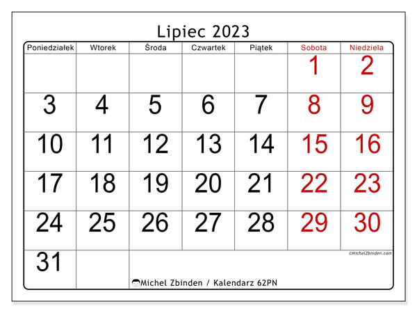 Kalendarz lipiec 2023, 62PN. Darmowy kalendarz do druku.