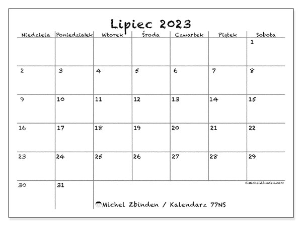 Kalendarz do druku, lipiec 2023, 77NS