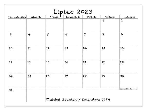 Kalendarz lipiec 2023, 77PN. Darmowy plan do druku.