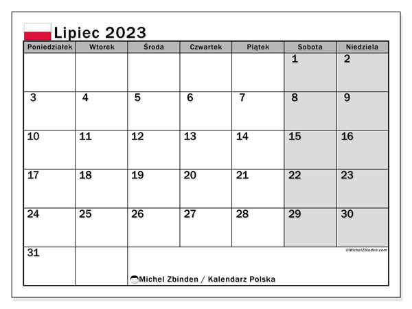 Kalendarz lipiec 2023 “Polska”. Darmowy terminarz do druku.. Od poniedziałku do niedzieli