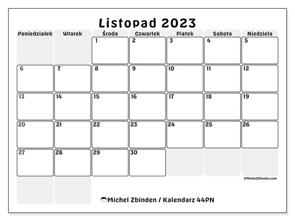 Kalendarz do druku, listopad 2023, 44PN