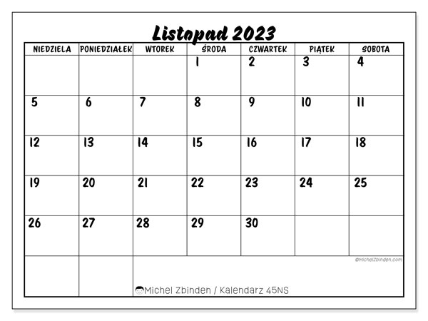 Kalendarz listopad 2023 “45”. Darmowy plan do druku.. Od niedzieli do soboty