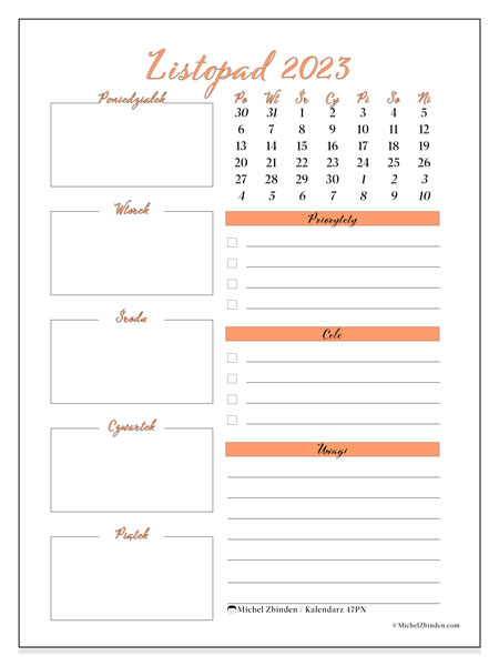 Kalendarz listopad 2023 “47”. Darmowy plan do druku.. Od poniedziałku do niedzieli