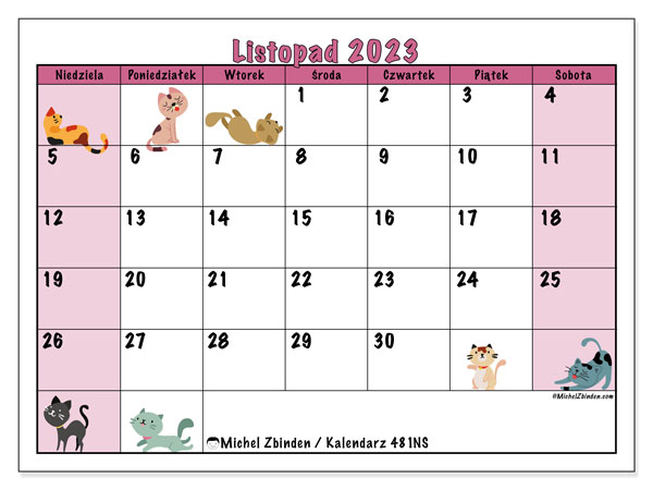 Kalendarz listopad 2023 “481”. Darmowy dziennik do druku.. Od niedzieli do soboty