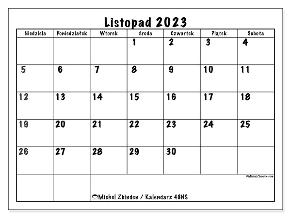 Kalendarz listopad 2023 “48”. Darmowy kalendarz do druku.. Od niedzieli do soboty
