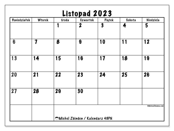 Kalendarz listopad 2023 “48”. Darmowy kalendarz do druku.. Od poniedziałku do niedzieli