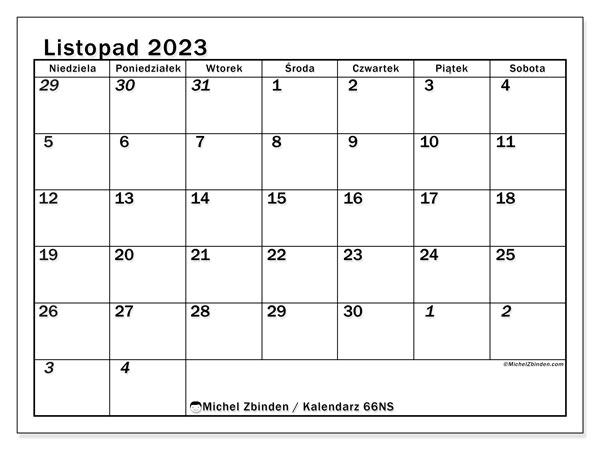 Kalendarz listopad 2023 “501”. Darmowy terminarz do druku.. Od niedzieli do soboty