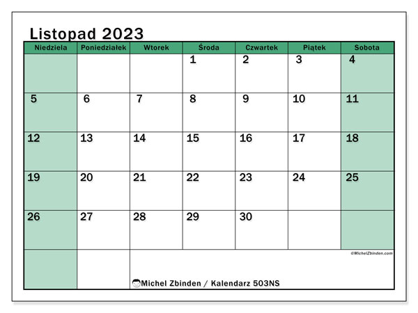 Kalendarz listopad 2023 “503”. Darmowy plan do druku.. Od niedzieli do soboty