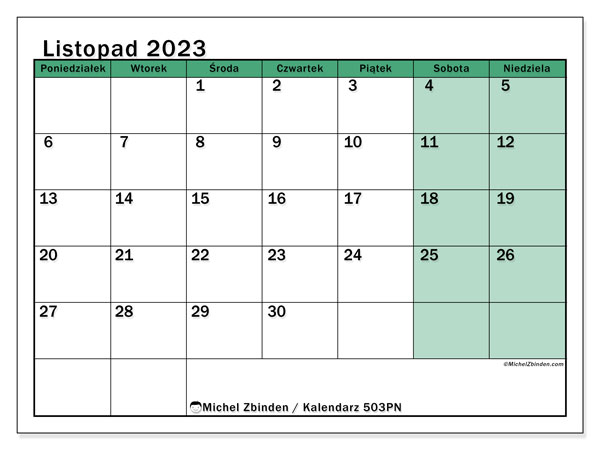 Kalendarz listopad 2023 “503”. Darmowy plan do druku.. Od poniedziałku do niedzieli