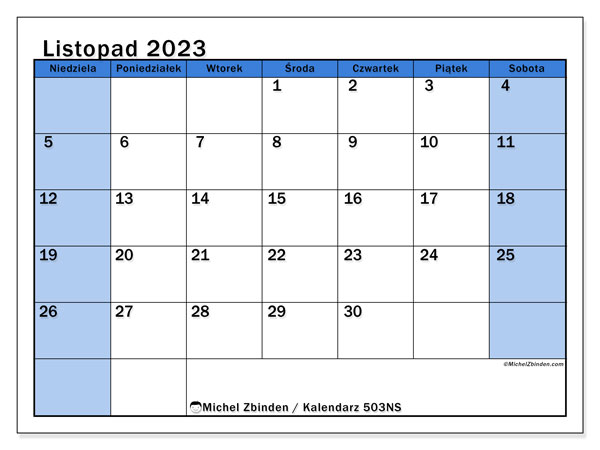 Kalendarz listopad 2023 “504”. Darmowy plan do druku.. Od niedzieli do soboty