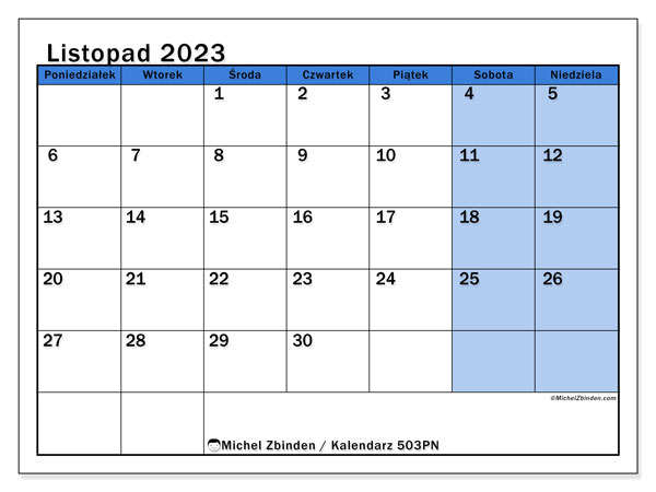 Kalendarz listopad 2023 “504”. Darmowy plan do druku.. Od poniedziałku do niedzieli